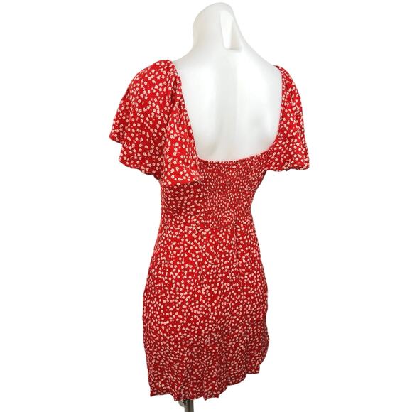 Zara Red Floral Sweetheart Neck Flutter Sleeve Bow Smocked Back Mini Dress Sz S - Picture 2 of 7